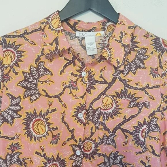 NWT C&C California floral print pink linen boxy  button down shirt size S - Picture 2 of 5